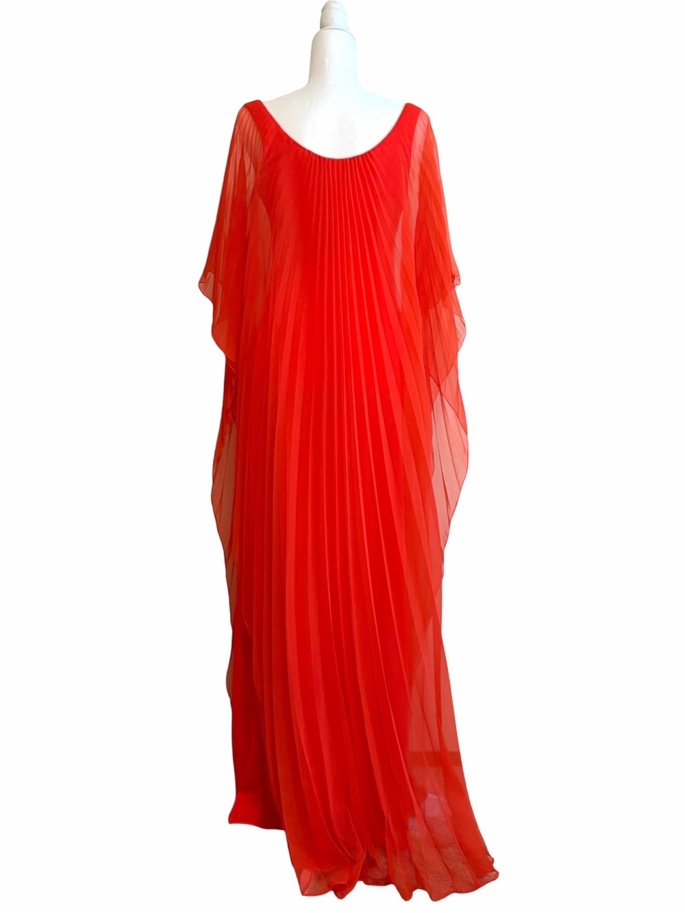 Vintage | Bright Orange Red Pleated Chiffon Goddess Dress - Picture 14 of 16
